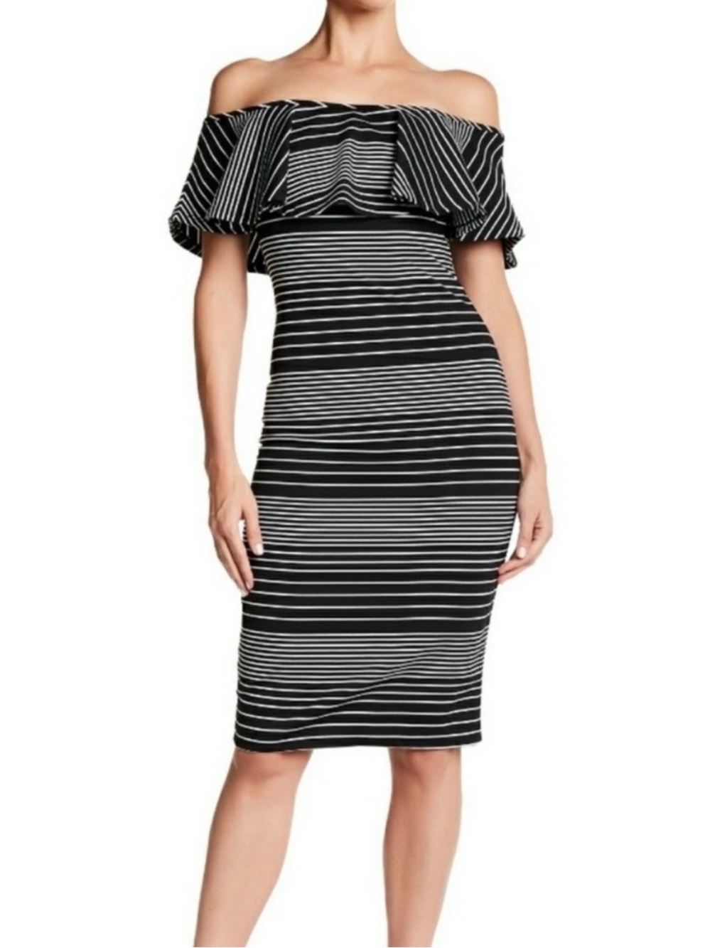 Romeo + Juliet Couture Women's Off Shoulder Ruffle Stripe Sheath Dress Size L